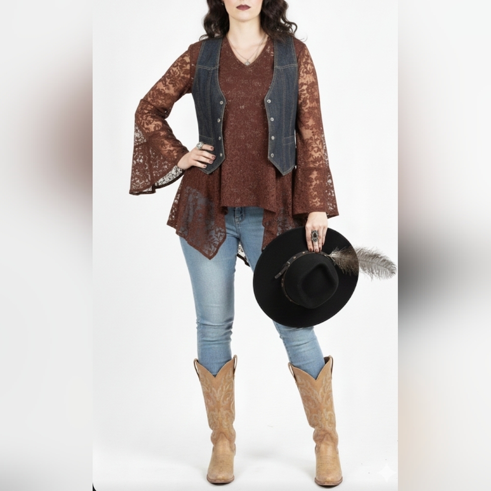Dor Dor V-Neck Open Mesh Knit Split Bell Sleeve Tunic Top Blouse Boho M Goth